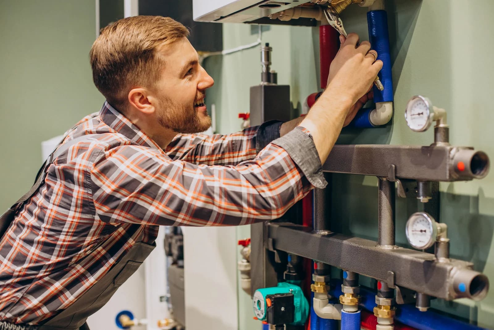 Ein Heizungsinstallateur arbeitet an den Anschlüssen einer Heizungsanlage